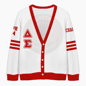 Cardigan Sorority Delta blanc et rouge contrastant, broderie de lettres grecques DST, en molleton de coton tricoté, à manches longues et col en V, pour femme - Product Image 1