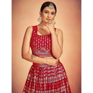 <b>Red</b> Sequins Georgette Sangeet <b>Lehenga</b> Choli with Dupatta for Wedding - Product Image 4