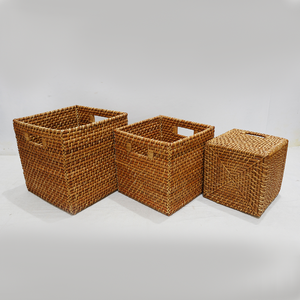 Natural Rattan Woven Rustic Style <b>Square</b> Multifunction Storage <b>Basket</b> Set Eco-friendly Home Organizer for Laundry Storage - Product Image 3