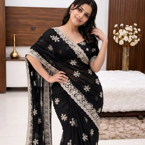 Nuevo catálogo de saris de seda brillante con bordados de lentejuelas y un hermoso borde con corte en arco. - Product Image 1