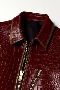 Chaqueta de Motociclista de Cuero Genuino Rojo para Hombre, con Patrón de Cocodrilo Repujado, Cuello Camisero, Cierre de Cremallera, Corte Regular, Estilo Otoñal - Product Image 6