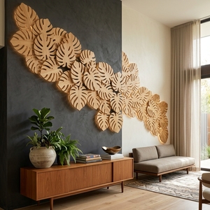 Silhouette murale artisanale en bois de feuille de Monstera, sculpture murale en bois sculpté, style botanique tropical minimaliste, décoration de salon - Product Image 5