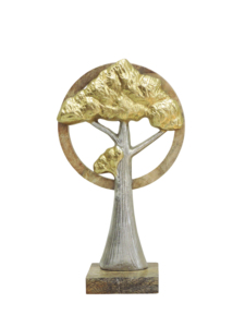 Modern Aluminum <b>Tree</b> Sculpture with Gold Foliage and Mango Wood Ring - Abstract Handcrafted Silver and Gold Nature Desktop Decor - Product Image 2