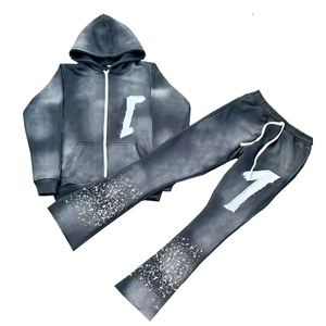 Custom Distressed Embroidery 100% Cotton Windproof Tracksuit Set Oversized Drop Shoulder Streetwear <b>Pullover</b> Acid Wash Hoodie - Product Image 6