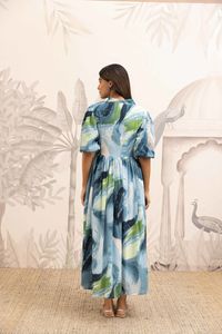 Vestido midi de algodón bordado con cuello cuadrado azul, mangas abullonadas, corte en A, holgado, estilo bohemio, informal, de verano, para mujer, hermoso vestido. - Product Image 2