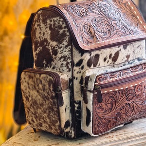 High Quality Floral Hand Tooled Cowhide Leather Front Zipper Pocket Floral Carved Design Bohemian Style Daily Use <b>Backpack</b> - Product Image 4