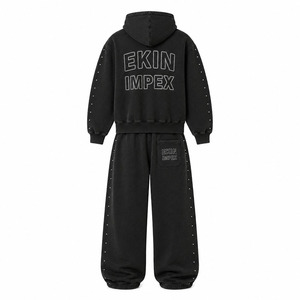 Conjunto de Sudadera con Capucha y Cremallera con Logotipo Personalizado, Lavado Ácido, y Pantalones de Chándal de Pierna Ancha, Estilo Vintage, con Remaches, Holgado, de 2 Piezas, 100% Algodón - Product Image 2