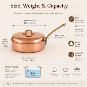 Handmade Copper Saute <b>Pan</b> with Lid Brass <b>Handle</b> Premium Copper Chef <b>Pan</b> Copper Cookware Kitchen Fry <b>Pan</b> OEM ODM Wholesale - Product Image 5