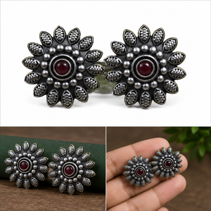 Direct Manufacturer Daily Wear Traditional Oxidized Ruby Round Cut <b>Silver</b> Plated Floral Design Charm <b>Earring</b> for Women Wholesale - Product Image 1
