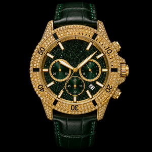 Montre pour homme avec cadran vert, ton or, sertie de pierres étincelantes, bracelet en cuir, chronographe, affichage de la date, montre de luxe - Product Image 1