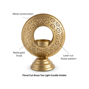AG Elements Decorative <b>Brass</b> Tea Light Candle Holder 5x6 Inch Floral Cut Metal <b>Lantern</b> Heat Resistant Tabletop Ambient Light - Product Image 3