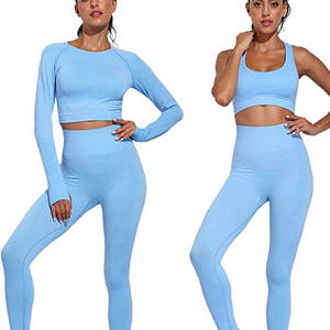 Ensemble de yoga 2 pièces bleu clair pour femme, dos nageur, col rond, sans couture, legging taille haute, crop top, tenue de sport unie pleine longueur - Product Image 6
