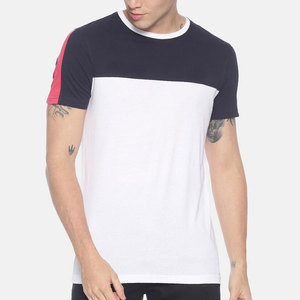 T-shirt à manches courtes pour homme, col rond, color-block, blanc, marine, rose, bordure contrastée, coupe classique, décontracté, tricoté, 100% coton - Product Image 1