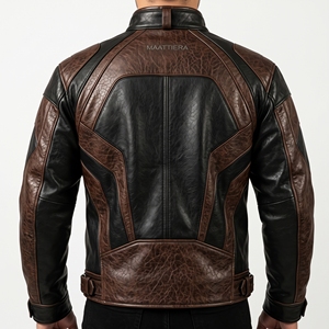 <b>Men</b> Black <b>Brown</b> <b>Leather</b> Look <b>Jacket</b> Zip Up Motorcycle Style Long Sleeve Panel Design Custom OEM ODM Wholesale - Product Image 2