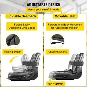Sedile Universale Regolabile per Trattore/Carrello Elevatore da 6 pollici/150 mm in PVC con Braccioli e Cintura di Sicurezza, Nero, Pieghevole - Product Image 4