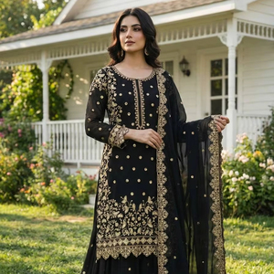 Conjunto Kurti Palazzo de Georgette Sintética Premium con Bordado y Trabajo de Corte, Elegante Traje Festivo para Boda con Dupatta - Product Image 1