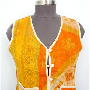 Elegant Handmade Eco-Friendly Breathable Cotton <b>Kantha</b> V-Neck Women's Waistcoat Winter Short <b>Jacket</b> Vest Button Closure - Product Image 2