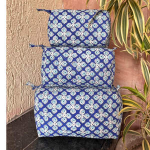 Premium Jaipur Hand Block <b>Toiletry</b> Bag Set of 3 Multi Function Travel Organizer Cosmetic Bags Blue Floral Design Unisex Kids - Product Image 3
