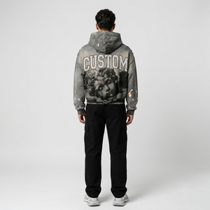 Sweat à capuche zippé streetwear entièrement personnalisé, finition délavée vintage, imprimé graphique, orné de strass, effet vieilli, en coton épais, unisexe - Product Image 4