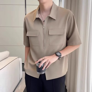 เสื้อเชิ้ตผู้ชายแขนสั้นคอปกแบบพับได้ ผ้าลินินเนื้อดี ทรงเข้ารูป สไตล์ธุรกิจ สำหรับฤดูใบไม้ผลิ  แบบซิปครึ่งตัว  แฟชั่นสำหรับผู้หญิง - Product Image 3