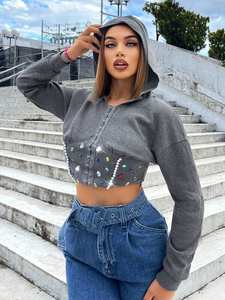 Sudadera Corta con Capucha y Encaje de Diamantes de Imitación para Mujer, de Forro Polar de Secado Rápido, Estilo Urbano, Gris, Manga Larga, Atuendo Casual y Moderno para Invierno - Product Image 6