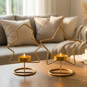 Set of 2 Geometric Metal Wire Gold <b>Candle</b> Holders - Modern <b>Christmas</b> <b>Tree</b> and Star Shape Tealight Votive Stand Set for Decor - Product Image 1