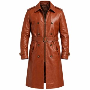 <b>Men's</b> Cognac Brown Leather Trench <b>Coat</b> Long <b>Double</b> <b>Breasted</b> Belted Overcoat with Shoulder Epaulettes Full Zip Front - Product Image 1