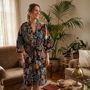 Bata Kimono de Algodón Hecha a Mano para Mujer, Estampado Floral Negro, Manga Larga, Cuello en V, Bata Larga para Descansar, Bata de Noche - Product Image 3