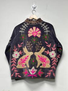 Vintage Black <b>Velvet</b> Suzani Embroidered <b>Jacket</b> With Floral And Rabbit Motif Full Sleeve Stand Collar Bohemian <b>Women's</b> Winter Coa - Product Image 4
