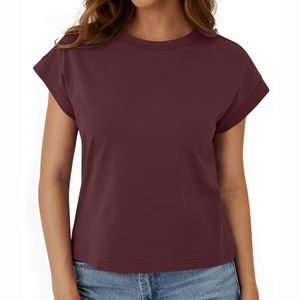 T-shirt décontracté en coton tricoté pour femme, col rond, manches courtes, coupe classique, couleur bordeaux, idéal printemps-été - Product Image 1