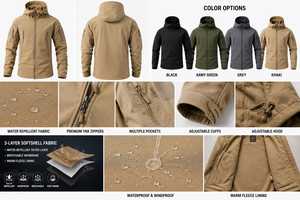Veste softshell à capuche pour homme, coupe-vent, hydrofuge, style vêtements de travail d'extérieur, coupe régulière, fermeture éclair, couleur beige - Product Image 5