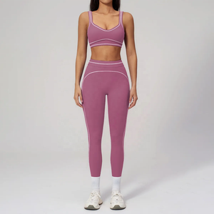 Ensemble de yoga 2 pièces : Crop top taille mi-haute et leggings longs, couleur unie, surpiqûres contrastées, respirant, grande taille, léger, tenue de sport - Product Image 3