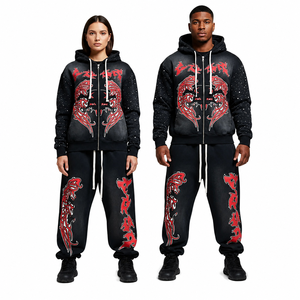 Ensemble survêtement premium personnalisé pour homme, sweat à capuche et pantalon de jogging oversize, motif graphique, délavage vintage, style streetwear, marque privée OEM - Product Image 1