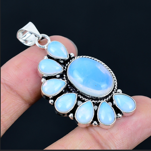 Natural Milk <b>opal</b> Gemstone Half Flower Pendant, Floral <b>Necklace</b>, 925 Silver Plated Jewelry, women's jewellery - Product Image 2