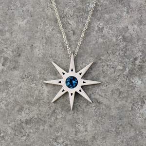 Blue Sapphire North Star Pendant <b>Solid</b> Gold Pendant Celestial Jewelry Minimalist Gemstone Necklace Luxury Design - Product Image 5