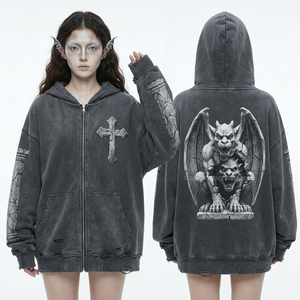 Sudadera con capucha vintage rosa con cremallera para mujer, con estampado gráfico de cara de muñeca de porcelana agrietada, estampado floral en las mangas y estilo gótico desgastado. - Product Image 5