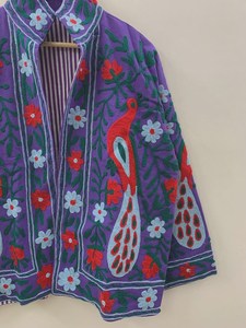 Chaqueta de algodón morado hecha a mano, elegante, con cuello mandarín, mangas largas, frente abierto, estilo étnico, para mujer. - Product Image 4