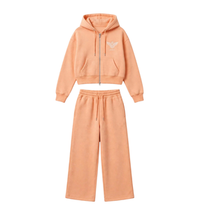 Ensemble 2 pièces pour femme : Sweat à capuche court zippé et pantalon de survêtement large, en molleton 100% coton, écologique et imperméable, style streetwear décontracté - Product Image 1