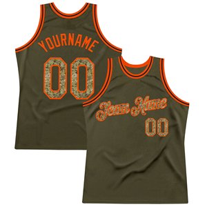 Camiseta de Baloncesto Sublimada Personalizada, Unisex, Transpirable, con Nombre y Número del Equipo, Diseño Camuflaje Naranja - Product Image 1