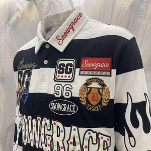 เสื้อโปโลแขนยาวลายทาง Snowgrace ปกคอพับ ปักโลโก้ แขนยาวเต็มตัว ทรงปกติ เสื้อผ้าผู้ใหญ่แบบยูนิเซ็กส์ - Product Image 3