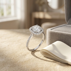 Anillo de compromiso de diamante cultivado en laboratorio de corte redondo con halo y pavé, solitario de diamante con acento de anillo de boda en oro blanco de 10k, 14k, 18k - Product Image 3