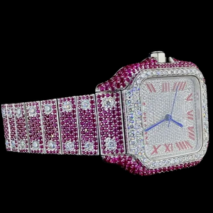 Montre-bracelet de luxe pour homme, rose et blanche, avec diamants CZ, boîtier carré à lunette uniquement, cadran blanc entièrement serti de diamants, entièrement glacée de pierres précieuses - Product Image 2