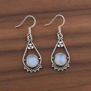 Pendientes de piedra lunar arcoíris en forma de lágrima, plata de ley oxidada, joyería vintage boho con piedras preciosas para mujer, regalo. - Product Image 4