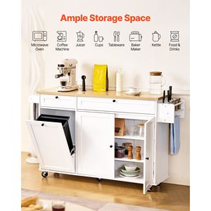 Carrello da Cucina in Marmo e Rovere da 60 Pollici con Piano Ribaltabile, 2 Cassetti, Contenitore per Rifiuti e Portacoltelli - Product Image 3
