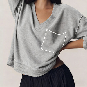 Suéter de Punto Oversize para Mujer con Cuello en V, Bolsillo, Hombros Caídos, Manga Media, Color Gris Sólido, Transpirable, para Otoño - Product Image 5