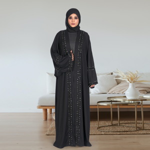 Abaya Abierta de Lino con Adorno de Cristales en la Parte Delantera, Manga Murciélago Holgada, Largo hasta el Suelo, Prenda Exterior Islámica Modesta para Mujer - Product Image 4