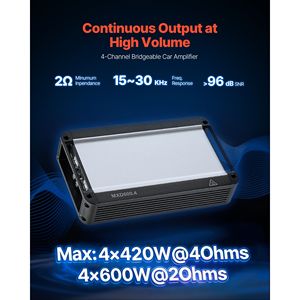 Amplificatore Audio per Auto a 4 Canali 420W@4Ohm/600W@2Ohm, Classe D Stabile, Gamma Completa 12V, Potenza Massima, Bridgeabile a 2 Ohm - Product Image 2