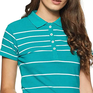 Polo pour femme rayé vert sarcelle, rayures horizontales, mélange de coton, respirant, léger, décontracté, été - Product Image 4