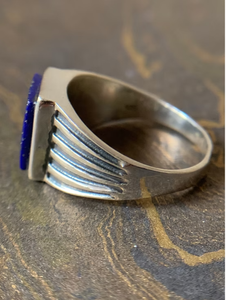 Men's <b>Lapis</b> Signet <b>Ring</b> Vintage Oxidized 925 Silver Striped Shank Natural Blue Stone Statement Jewelry - Product Image 4