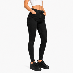 High Waist Skinny Black <b>Denim</b> Jeans Full Length Solid Color Casual Style Women's Pants Breathable Fit Autumn Wear - Product Image 3